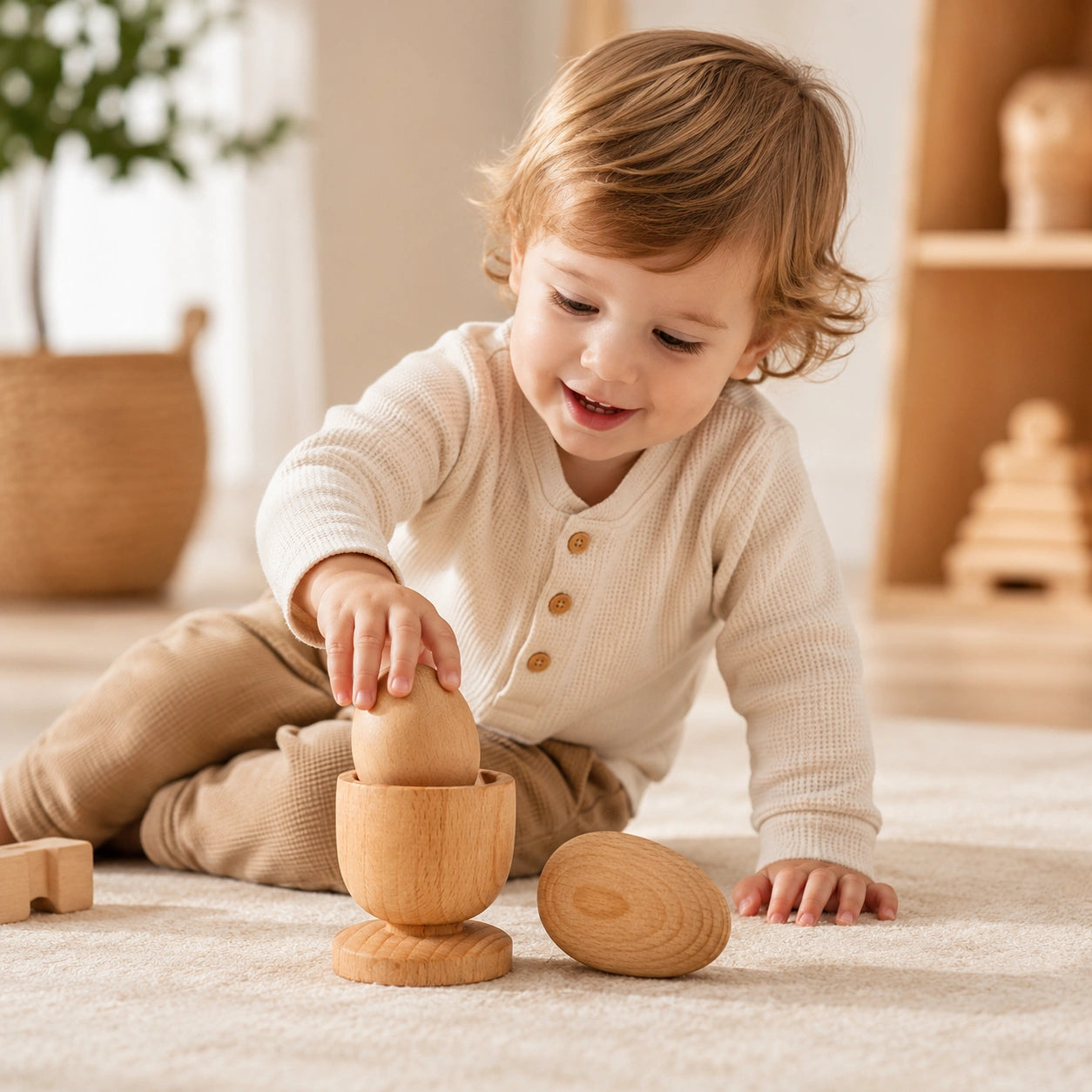 Montessori Wooden Egg and Cup Puzzle for Toddlers 1-3 Years | Handcrafted Natural Wooden Learning Toy | Develop Fine Motor Skills view 1