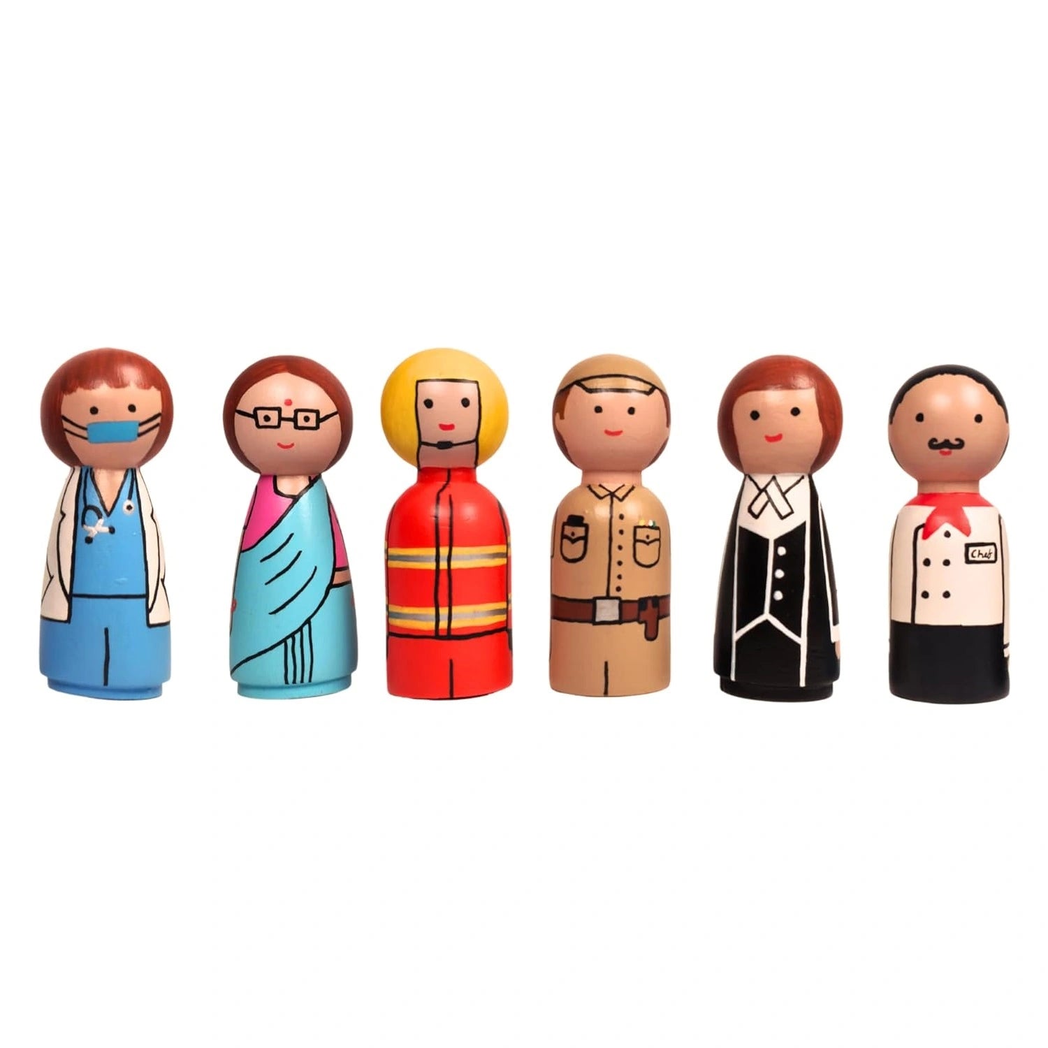 Peg Dolls Wooden Essential Workers/Community Helpers Pretend Play Figurines for Kids & Toddlers (2 Years+) - Pack of 6 Professions view 1