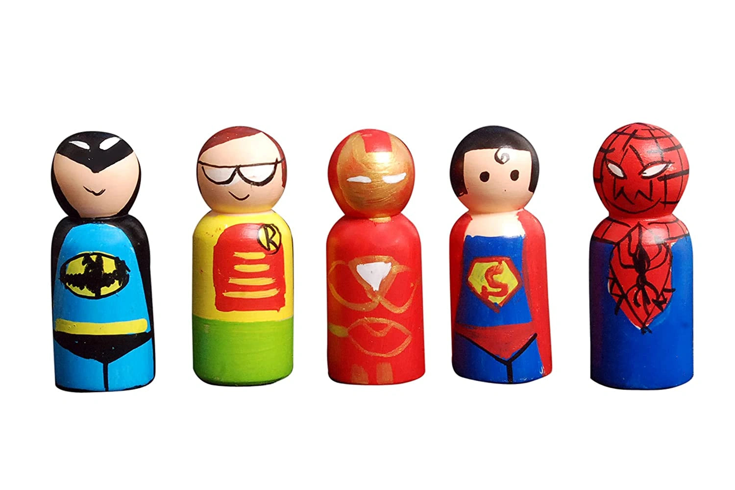 Peg Dolls Wooden Painted Superheroes Set Pretend Play Figurines - Colorful Diverse Natural Toys | Organic Handmade Play Kit for Kids view 1