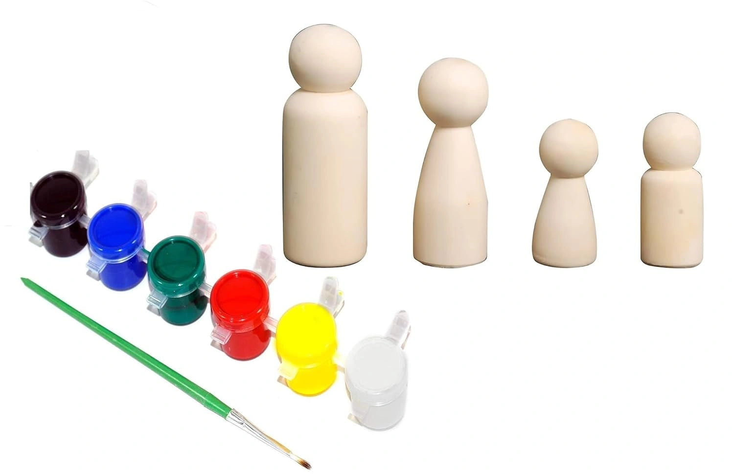 Unfinished Wood Peg Doll Family Set - 4 Natural Wooden Dolls for DIY Crafts and Pretend Play - Free Colors & Brush for Kids 2+ view 1