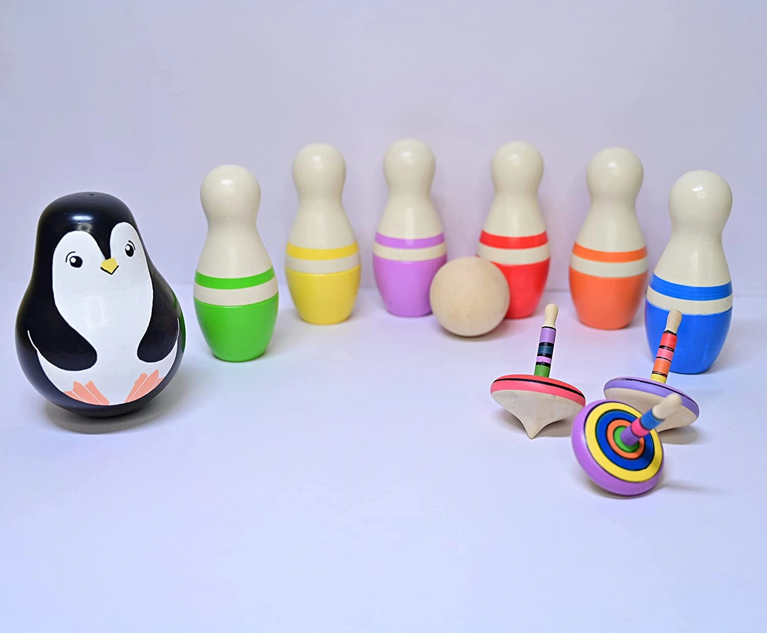 Wooden Bowling Pins Game, Roly Poly Toy & Spinning Tops Set for Kids (2 Years+) - Non Toxic Colors, Fun Learning Toys for Kids view 1