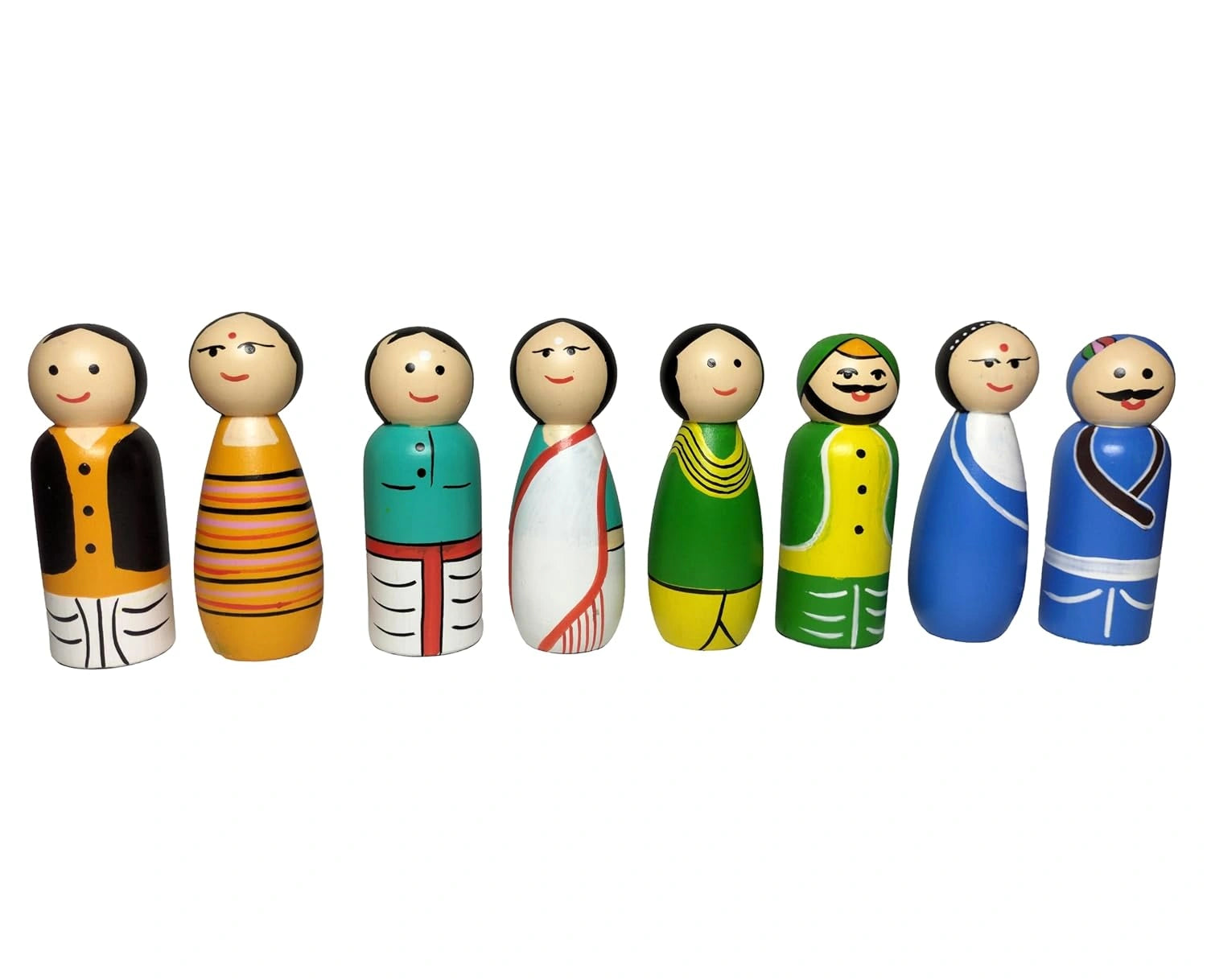 Wooden Family Peg Dolls Set of 8 – Handcrafted Traditional Indian Family Figures, Montessori Pretend Play Toys for Kids, Non-Toxic view 1