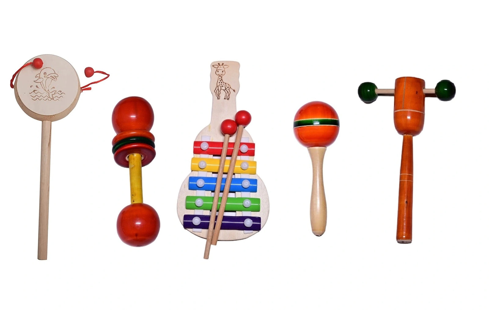 Wooden Montessori Maraca Rattles & Xylophone Set of 5 - Handcrafted Non-Toxic Baby Rattles Toys for Baby and Kids (0-3 Years) view 1