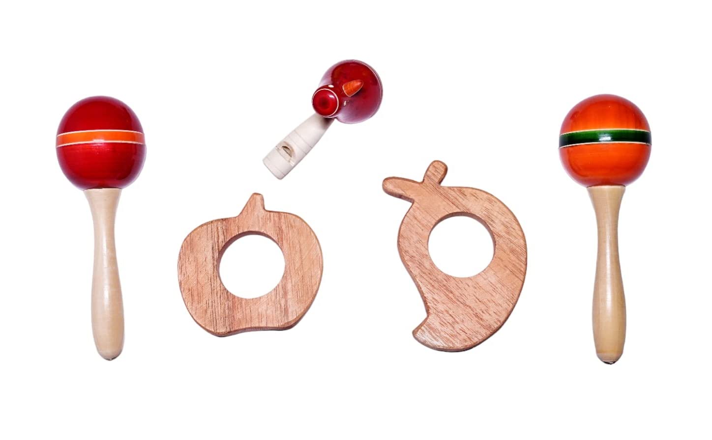 Wooden Montessori Maraca Rattles & Neem Wood Teethers, Bird Whistle Set of 5 - Colourful Rattle Toy for Baby and Kids (0-3 Years) view 1