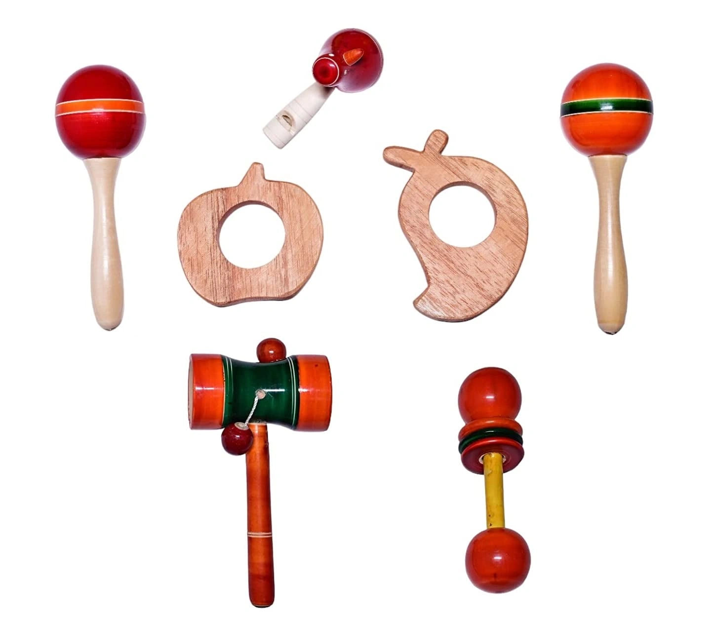 Wooden Montessori Maraca Rattles & Neem Wood Teethers, Bird Whistle Set of 7 - Colourful Rattle Toy for Baby and Kids (0-3 Years) view 1