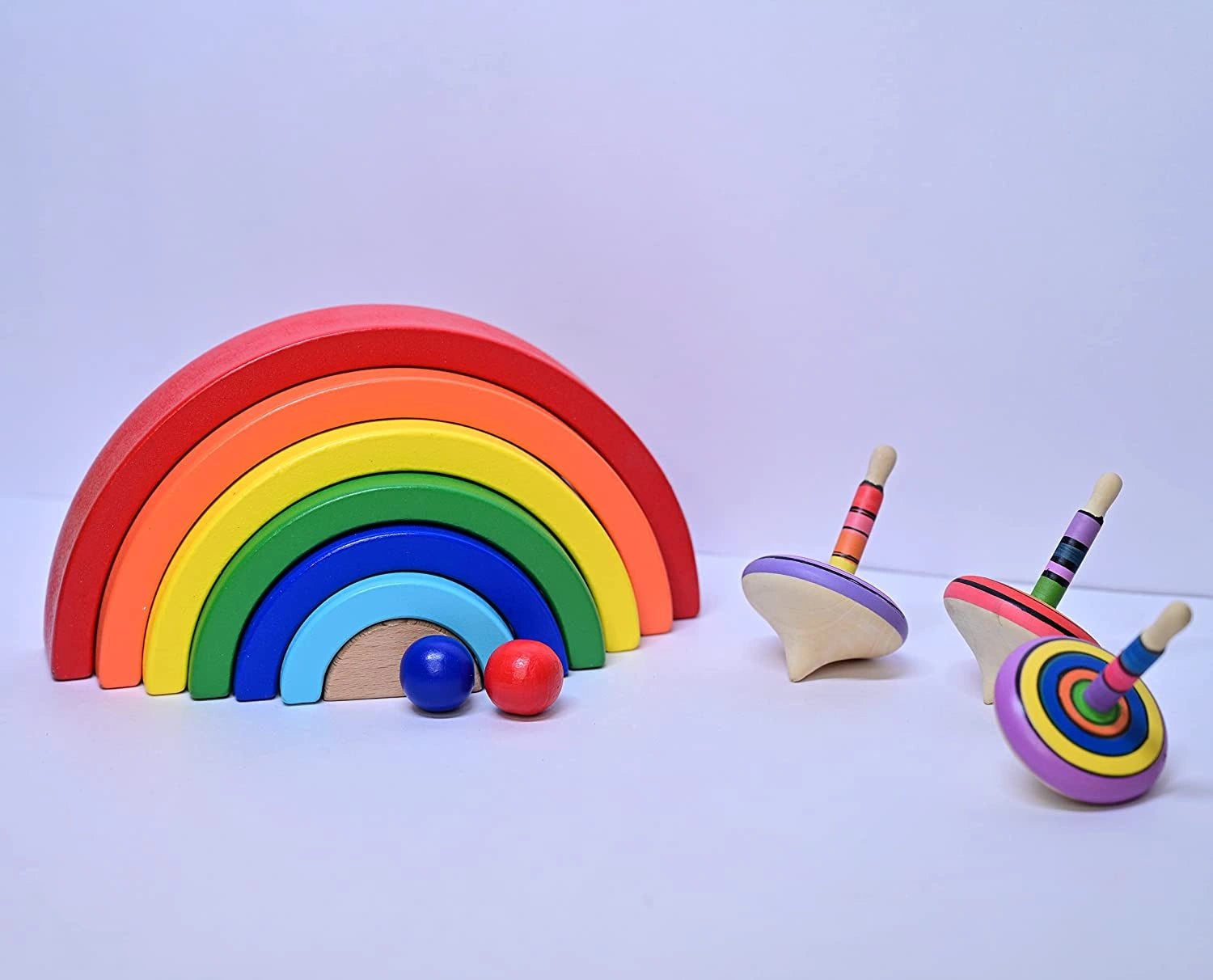 Wooden Rainbow Stacker & Spinning Tops Toy for Kids - (1 Year+) - Multicolor - Pack of 10 pcs - Develop Fine Motor Skills view 1