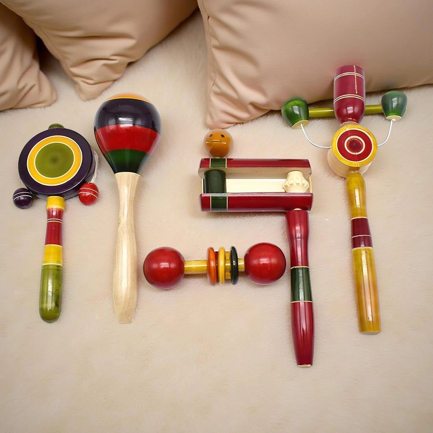 Wooden Rattles Toys for Baby, New-Born Infant Kids - Set of 5 pcs - Multicolor - Discover Sounds, Develops Sensory Skills view 1