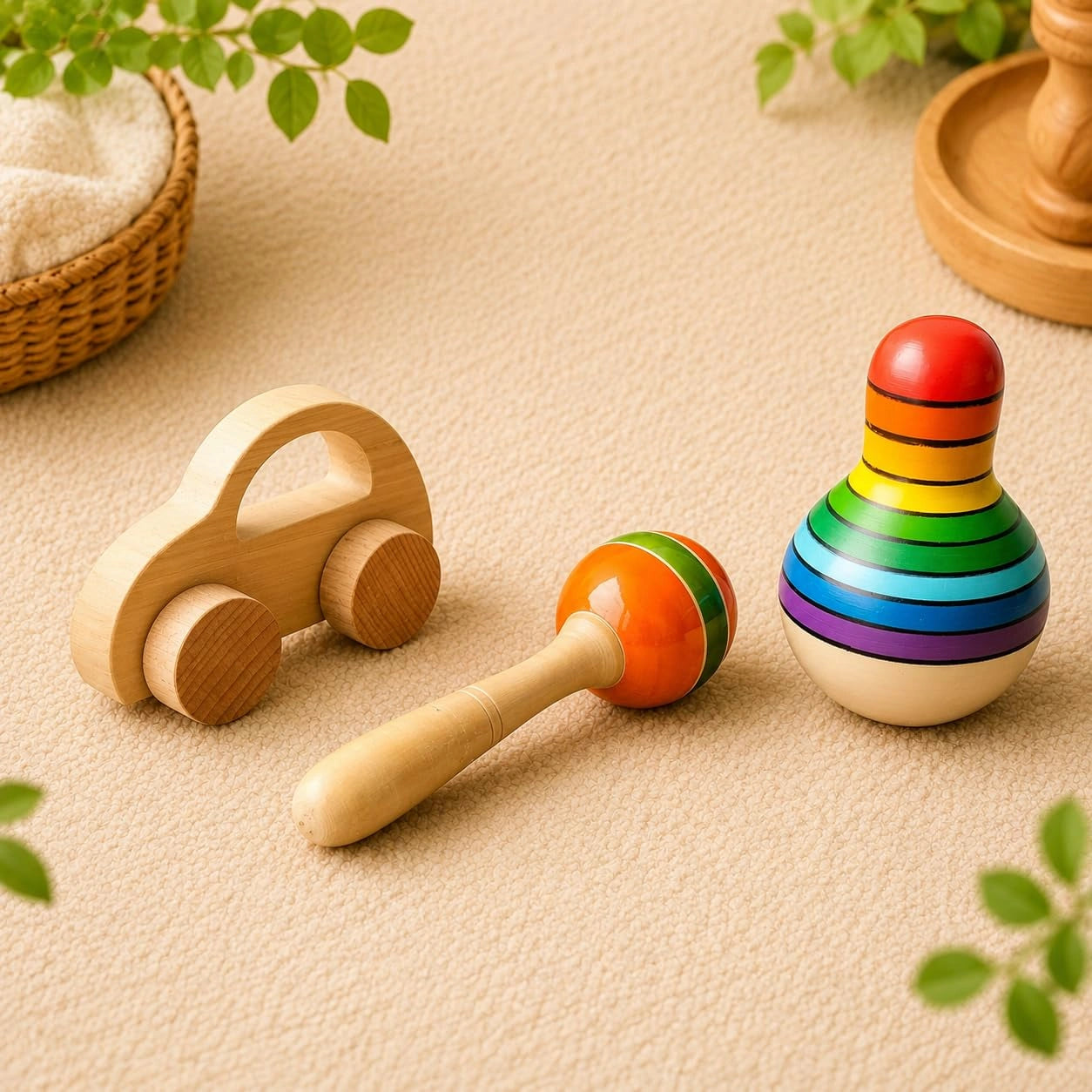 Wooden Toy Gift Set for Babies (6+ Months) | Montessori-Inspired Handmade Wooden Car, Rattle & Rainbow Spinning Roly Poly Toy Set view 1