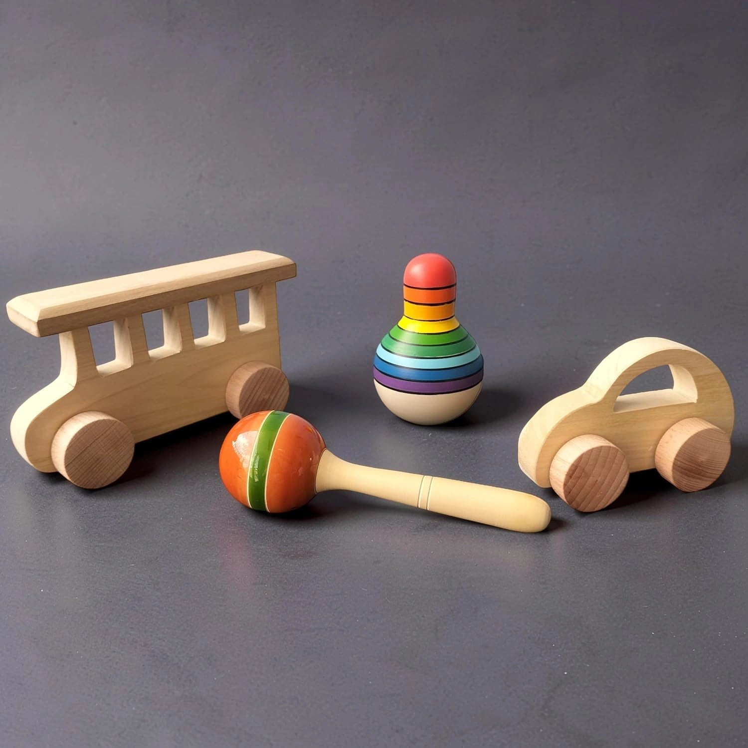 Wooden Montessori Toys – Wooden Bus, Car, Rainbow Stacker & Maraca Rattle | Safe Educational Toy Gift Set for Toddlers, Kids 1-3 Years view 1
