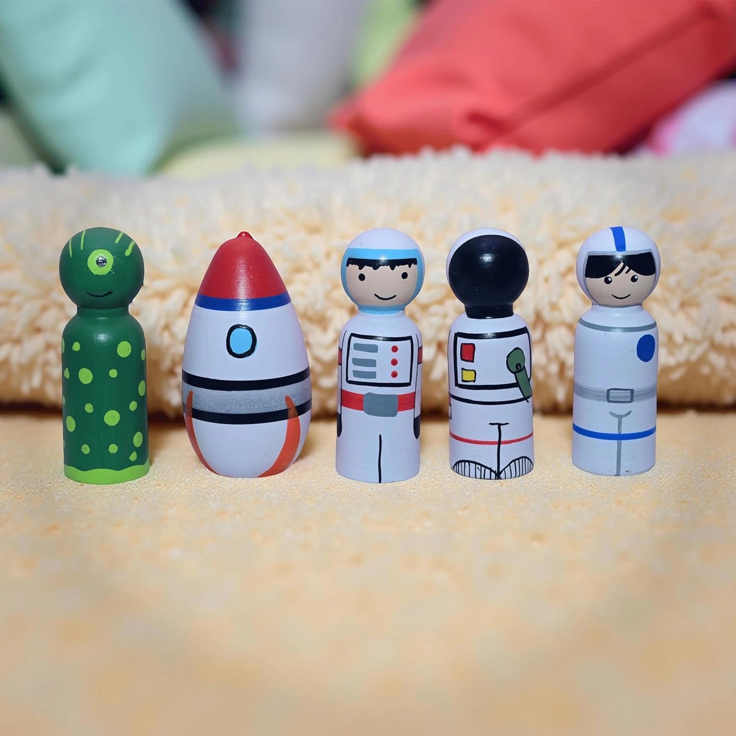 Wooden Space Peg Dolls Set, Astronaut and Alien Figures, Rocket Montessori Educational Toy, Solar System-Themed Toy Set view 1