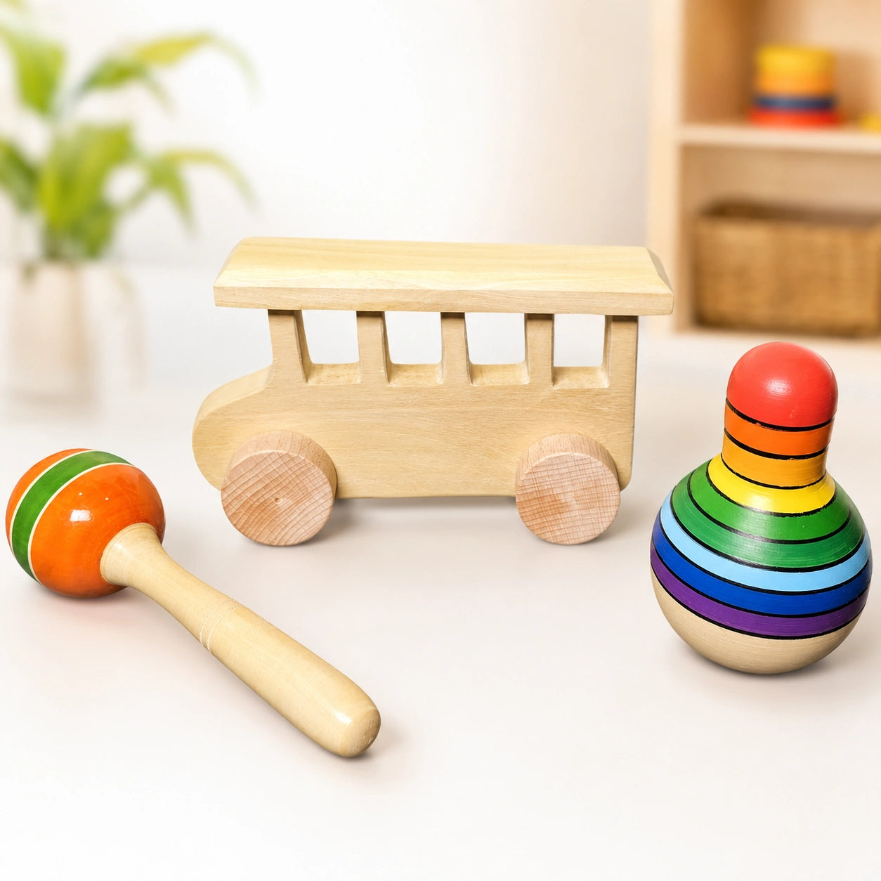Montessori Wooden Toy Gift Set for Toddlers, Handcrafted Wooden Bus, Rainbow Stacker & Maraca Rattle, Educational, Learning Toy Set for Kids 1-3 Years view 1