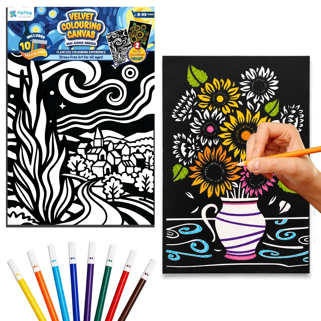 Velvet Colouring Canvas Set of 2 - Van Gogh Series - Sunflowers & Starry Night view 1
